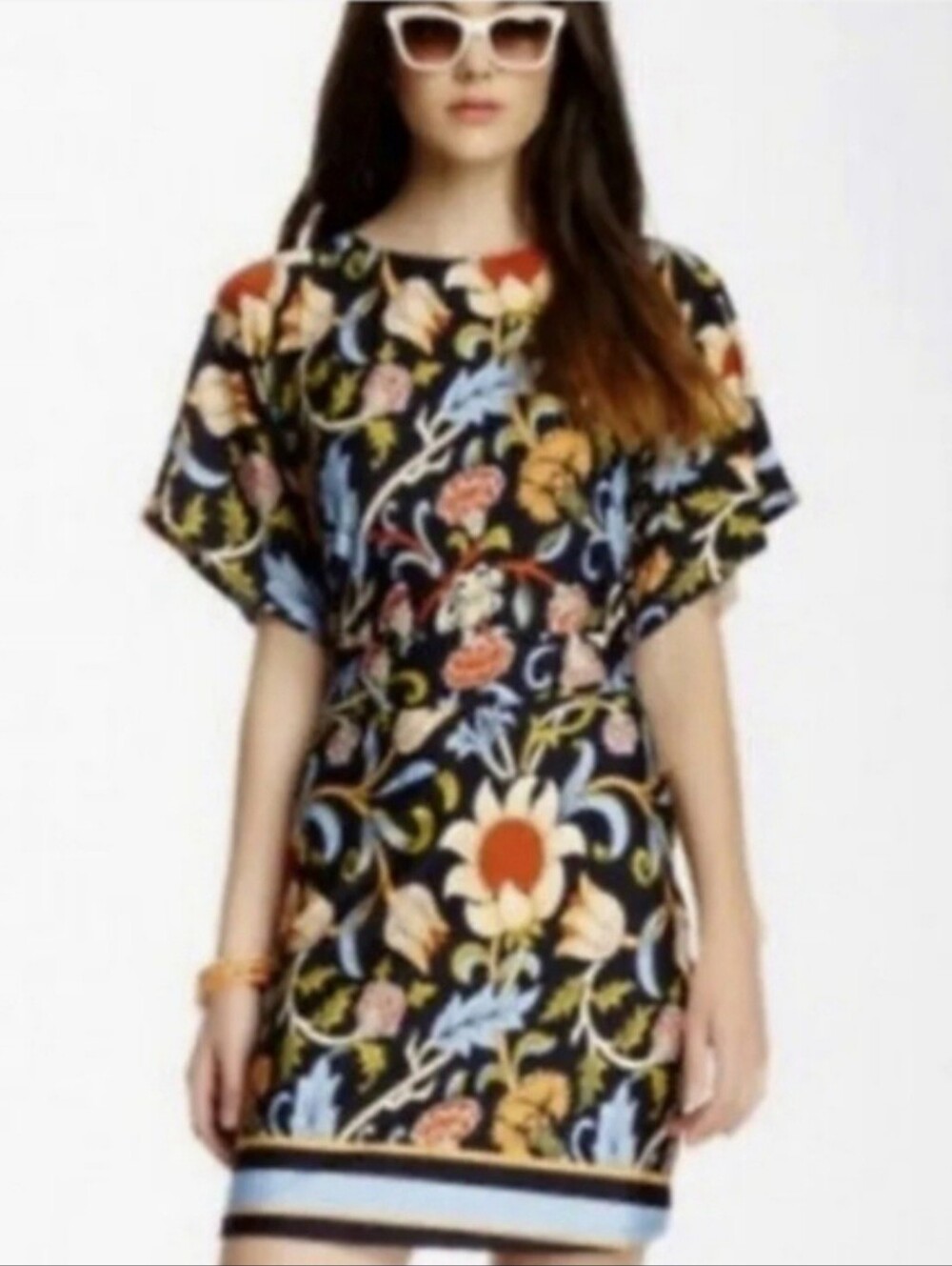 BCBGMaxAzria Navy Floral Short Sleeve Mini Dress Sz Small Summer Business Office
